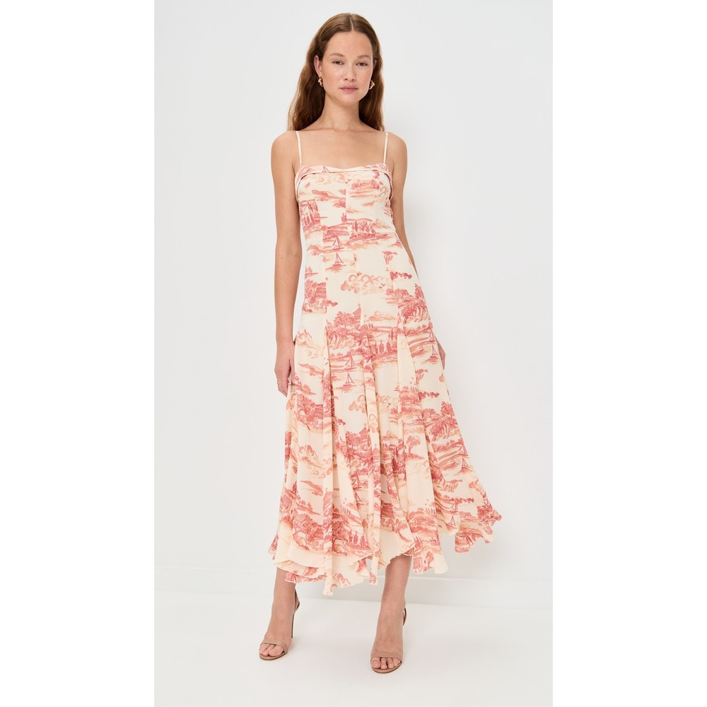 Reformation Fredo Print Sleeveless Midi Dress Red Cream Backless Button Detail
